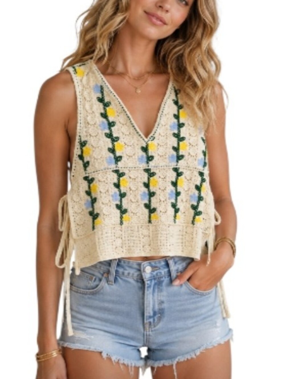 House of Harlow 1960 Cream Crochet Floral V-Neck Side Tie Top-NWT